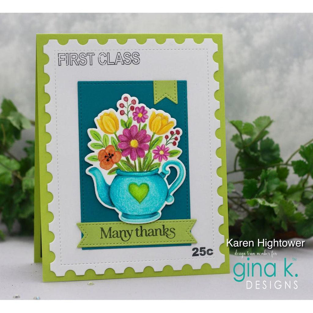 A handmade greeting card with a postage border, featuring a central illustration of colorful flowers in a teal teapot on a dark teal background. The card reads 'FIRST CLASS' at the top and 'Many thanks' on a ribbon banner at the bottom.