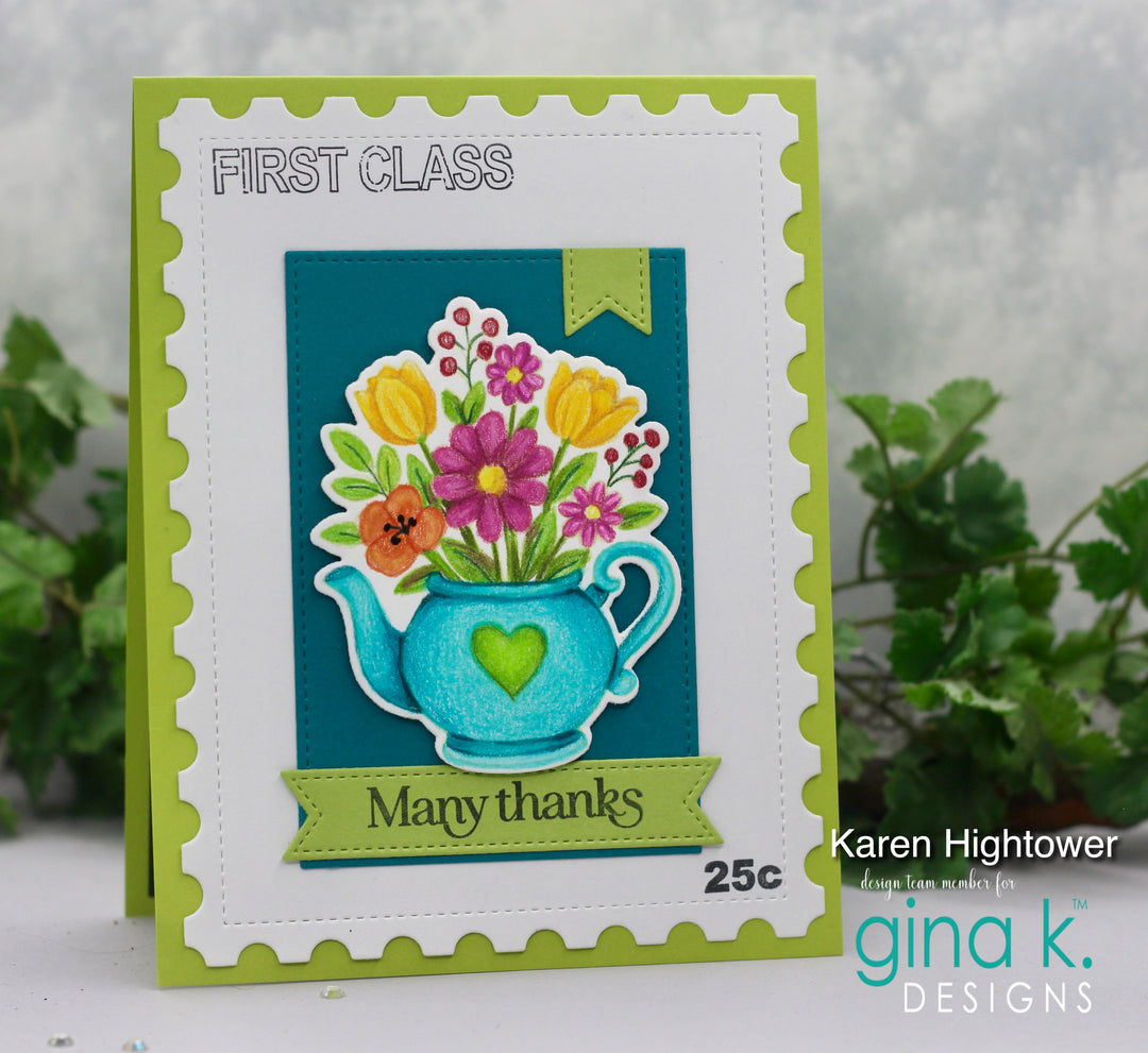 A handmade greeting card with a postage border, featuring a central illustration of colorful flowers in a teal teapot on a dark teal background. The card reads 'FIRST CLASS' at the top and 'Many thanks' on a ribbon banner at the bottom.