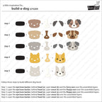 A printed/digital craft instruction sheet titled 'build-a-dog' showing five steps to assemble different dog face and bone shapes. The sheet includes color-coded material pieces for each step and a small 'Boulevard' brand logo in the top right corner.