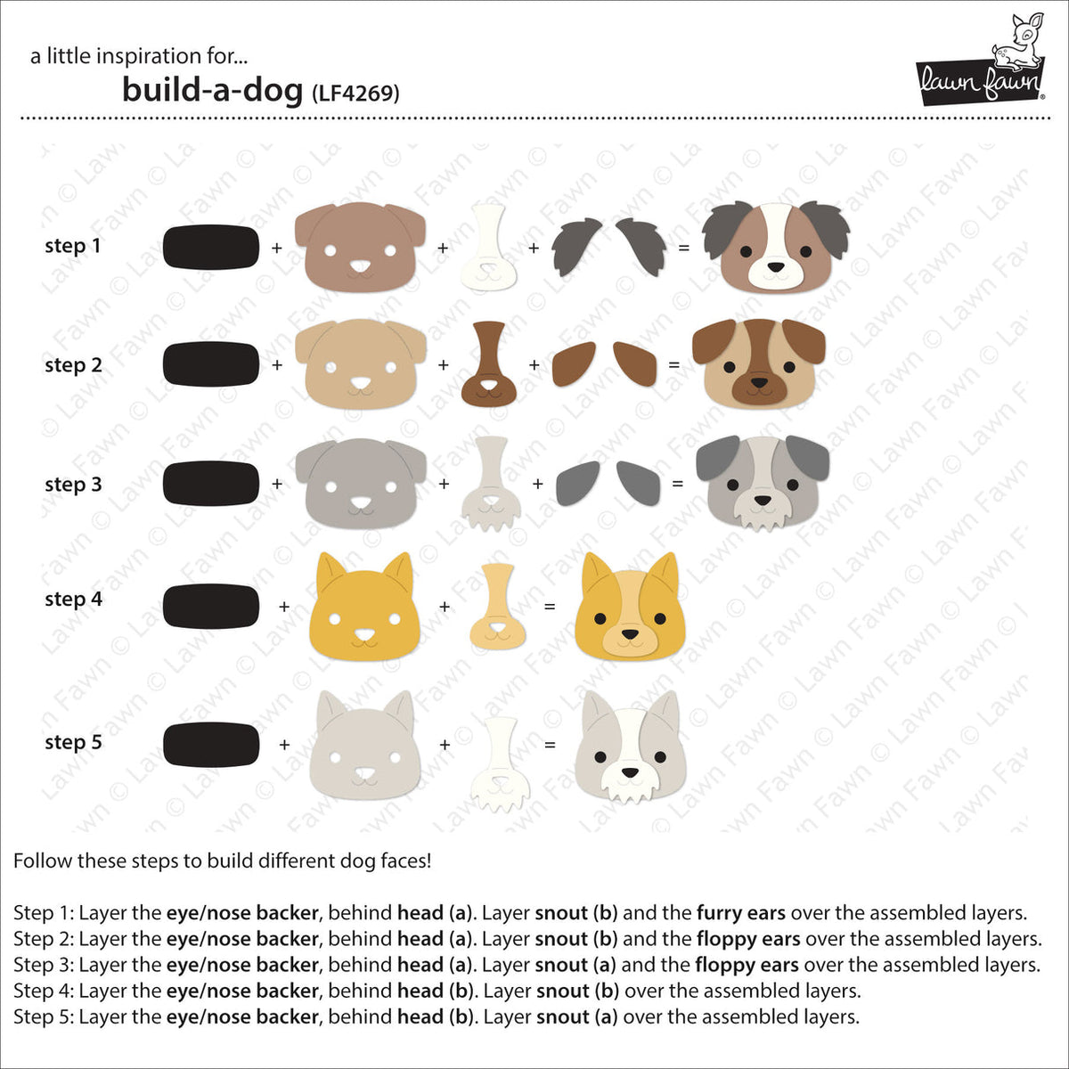 A printed/digital craft instruction sheet titled 'build-a-dog' showing five steps to assemble different dog face and bone shapes. The sheet includes color-coded material pieces for each step and a small 'Boulevard' brand logo in the top right corner.