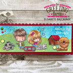 A rectangular handmade card with a scalloped red border and colorful cartoon-style illustrations of a boy, girl, dog, cat, and a small house, displayed on a whitewashed wood background. The card features the text 'Always by Your side' and is branded with 'the Greeting Farm' and 'Elisabete Balcavage' in the top right and bottom left.