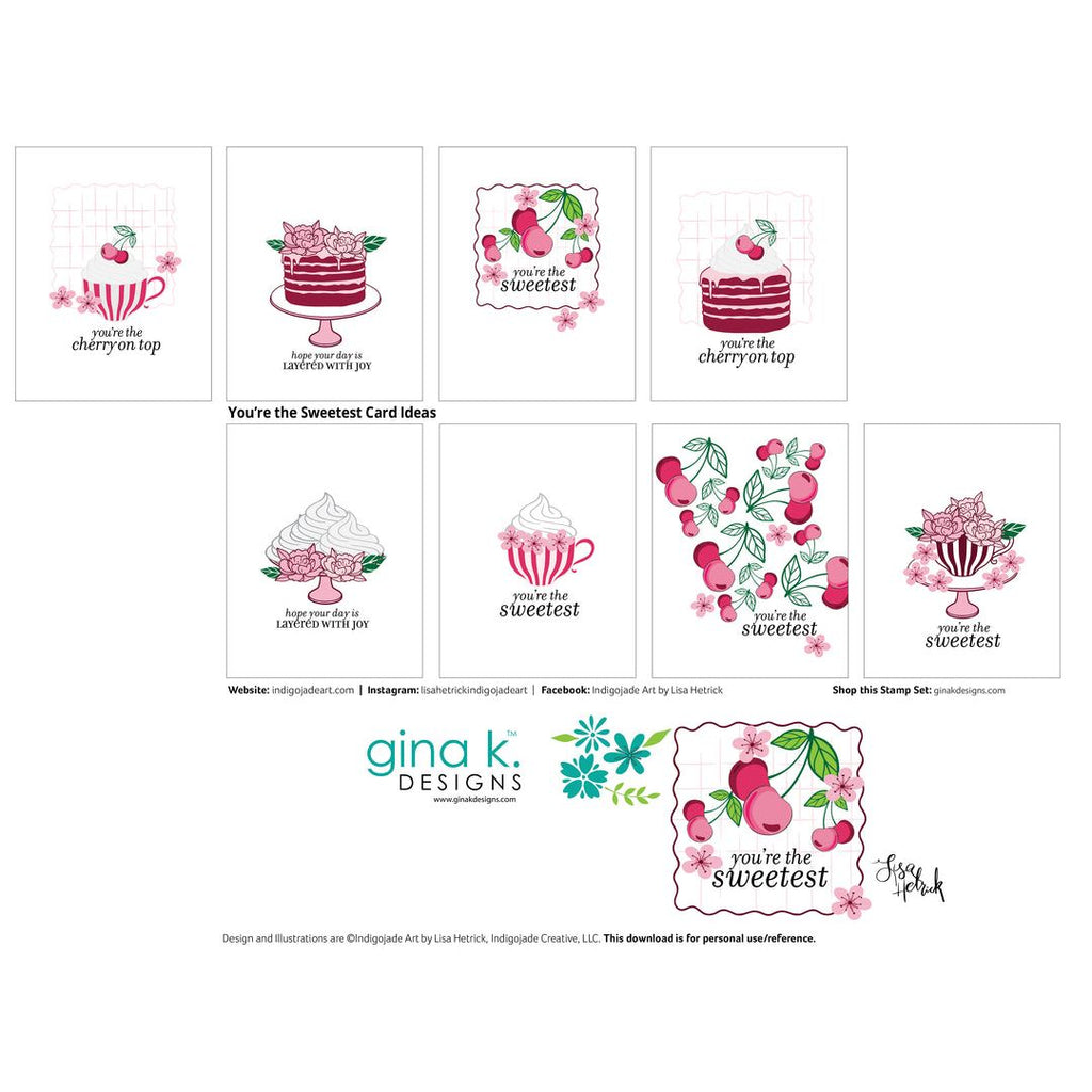 A sheet of printable card design ideas featuring pink cherry-themed illustrations, including layered cakes, iced desserts, and decorative text such as 'you're the sweetest' and 'cherry on top.' The page includes the brand name Gina K.