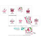 A sheet of printable card design ideas featuring pink cherry-themed illustrations, including layered cakes, iced desserts, and decorative text such as 'you're the sweetest' and 'cherry on top.' The page includes the brand name Gina K.
