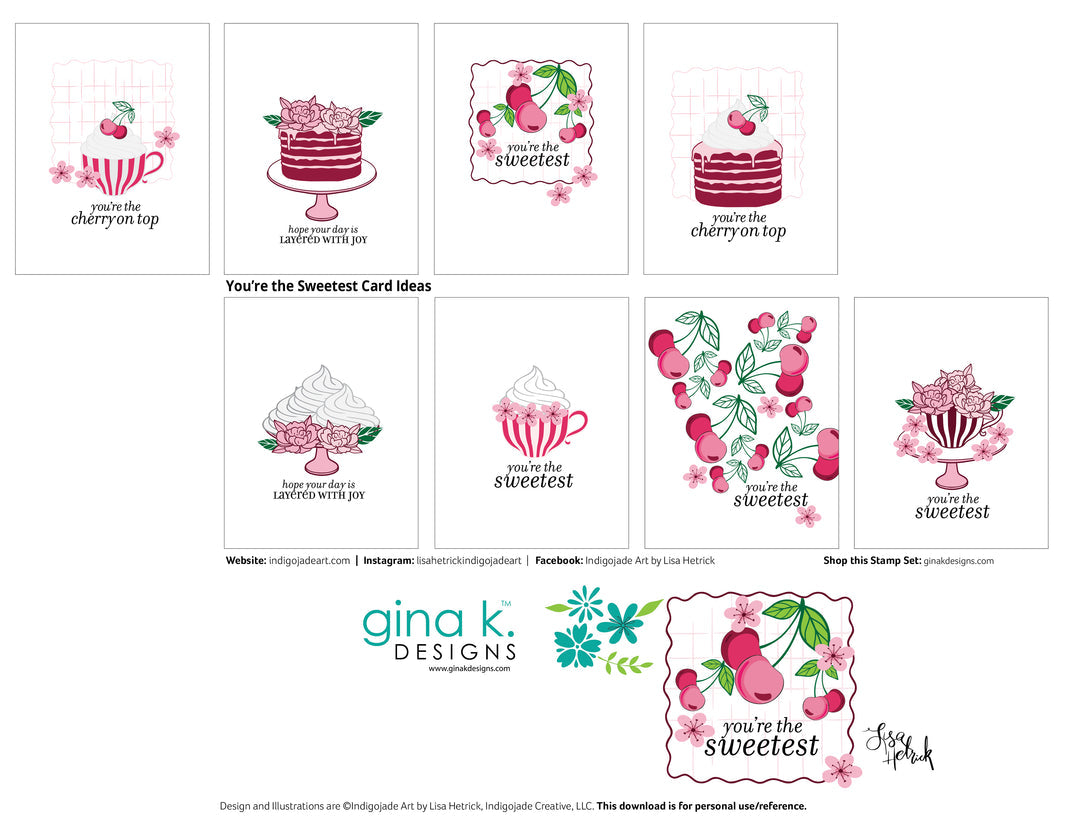 A sheet of printable card design ideas featuring pink cherry-themed illustrations, including layered cakes, iced desserts, and decorative text such as 'you're the sweetest' and 'cherry on top.' The page includes the brand name Gina K.
