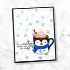 Spellbinders Snow Joy Stencil Set stn-109 blue and white snowflake background hot chocolate cup penguin cozy wishes card