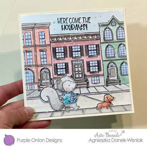Purple Onion Designs Row House Background Cling Stamp pod1367 Christmas Sidewalk Scene Card