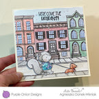 Purple Onion Designs Holiday Time Sentiments Cling Stamp pod9019 Christmas Sidewalk Scene Card