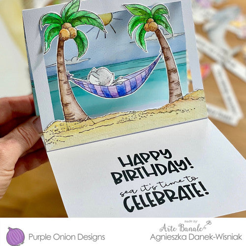 Purple Onion Designs Slumber Cling Stamp pod1336 Palm Trees Hammock Happy Birthday Card