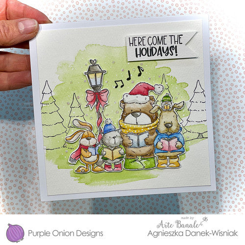Purple Onion Designs Holiday Time Sentiments Cling Stamp pod9019 Christmas Carol Singers Card