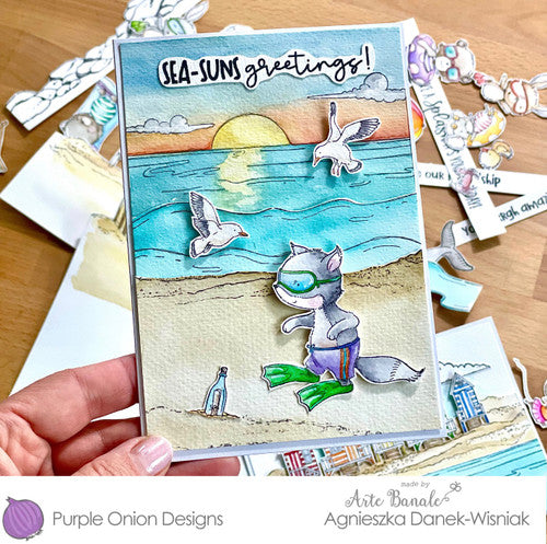 Purple Onion Designs Wade Cling Stamp pod1342 fox wearing flippers at the beach