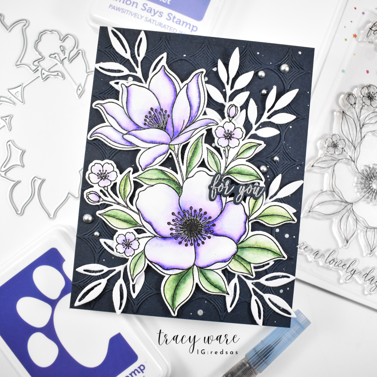 Alex Syberia Lovely Day STAMPtember Exclusive Stamps 3484ssc Floral Birthday Card black background