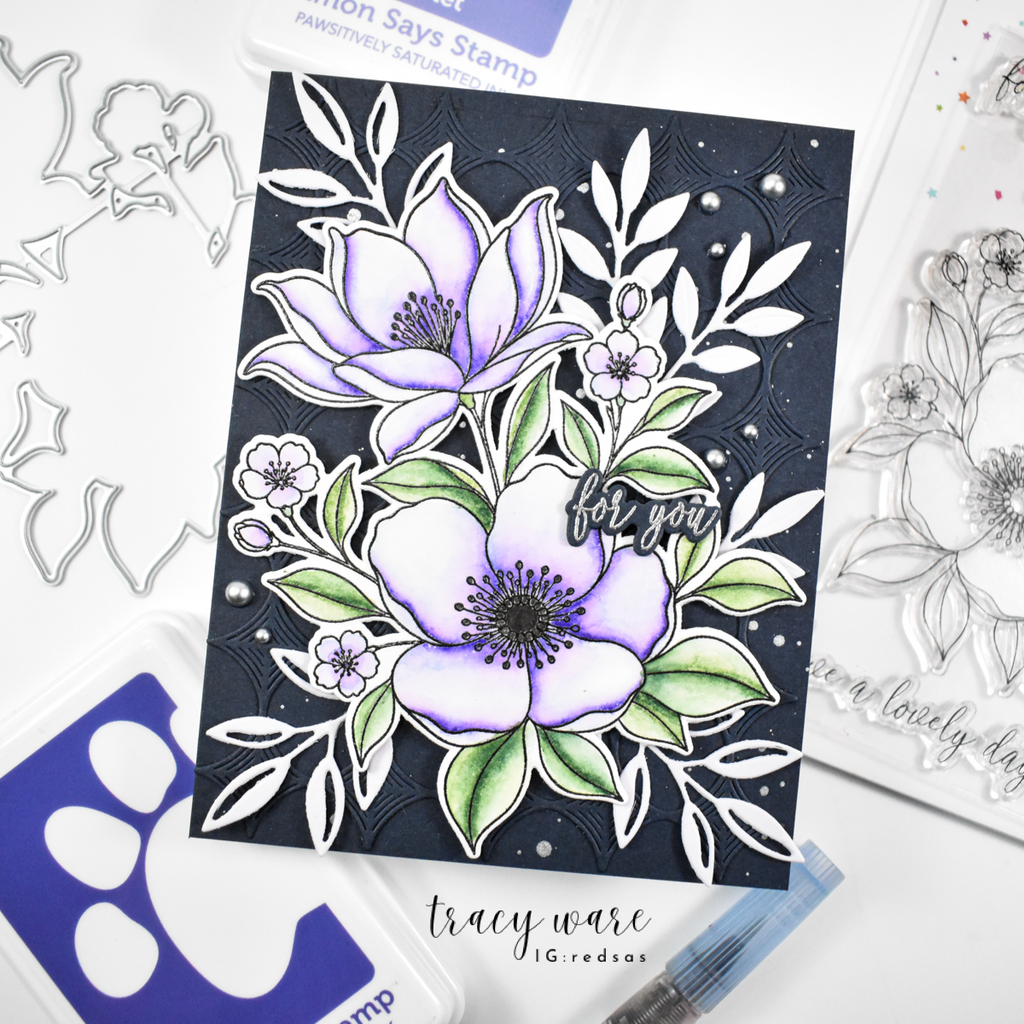Alex Syberia Lovely Day STAMPtember Exclusive Stamps and Dies Floral Card 
Dark Background