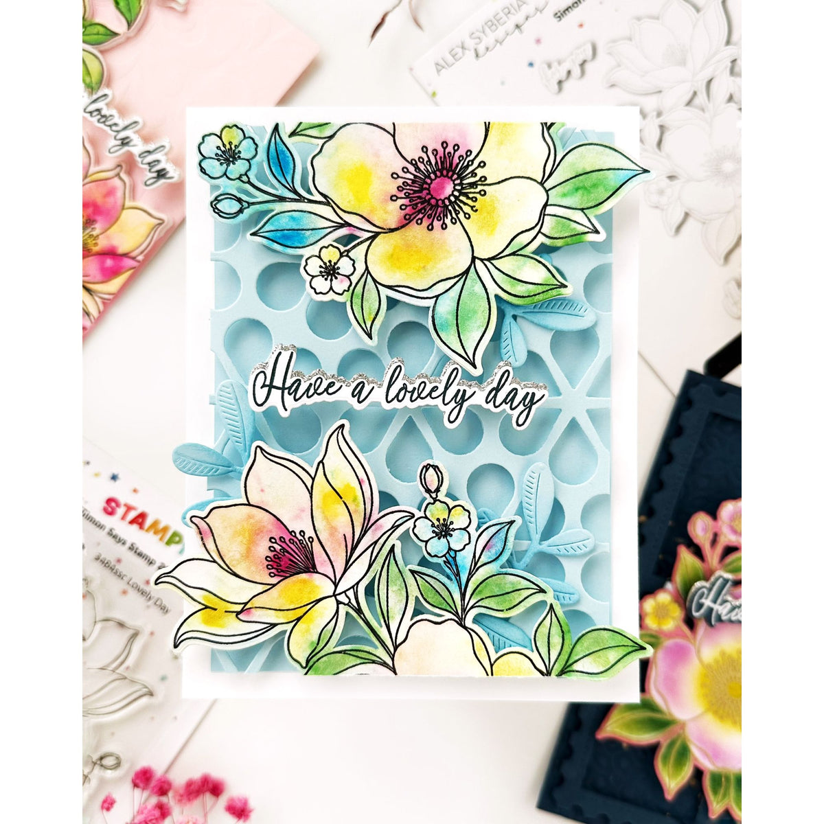 Alex Syberia Lovely Day STAMPtember Exclusive Stamps and Dies Floral Card 
Light Blue Background