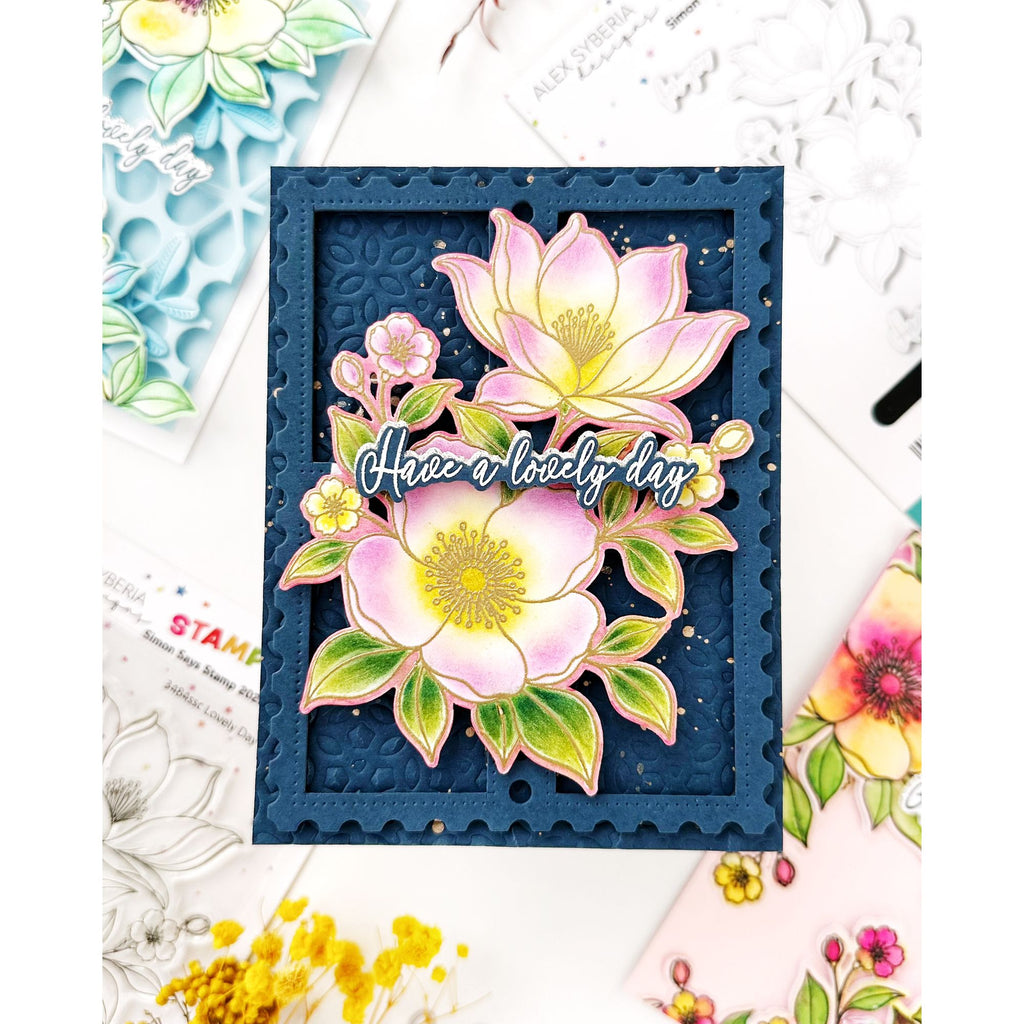 Alex Syberia Lovely Day STAMPtember Exclusive Stamps and Dies Floral Card 
Navy Background