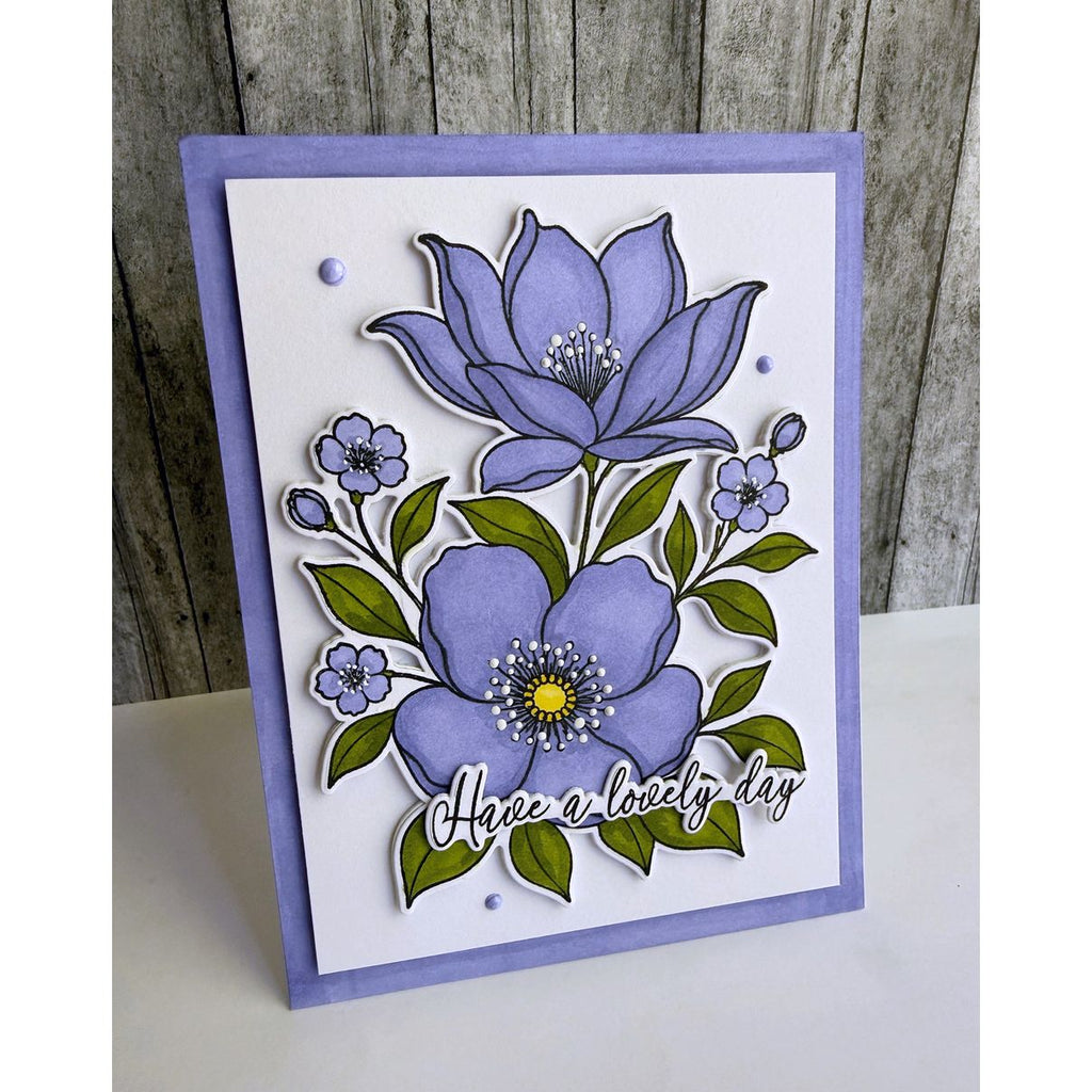 Alex Syberia Lovely Day STAMPtember Exclusive Stamps and Dies Floral Card lavender