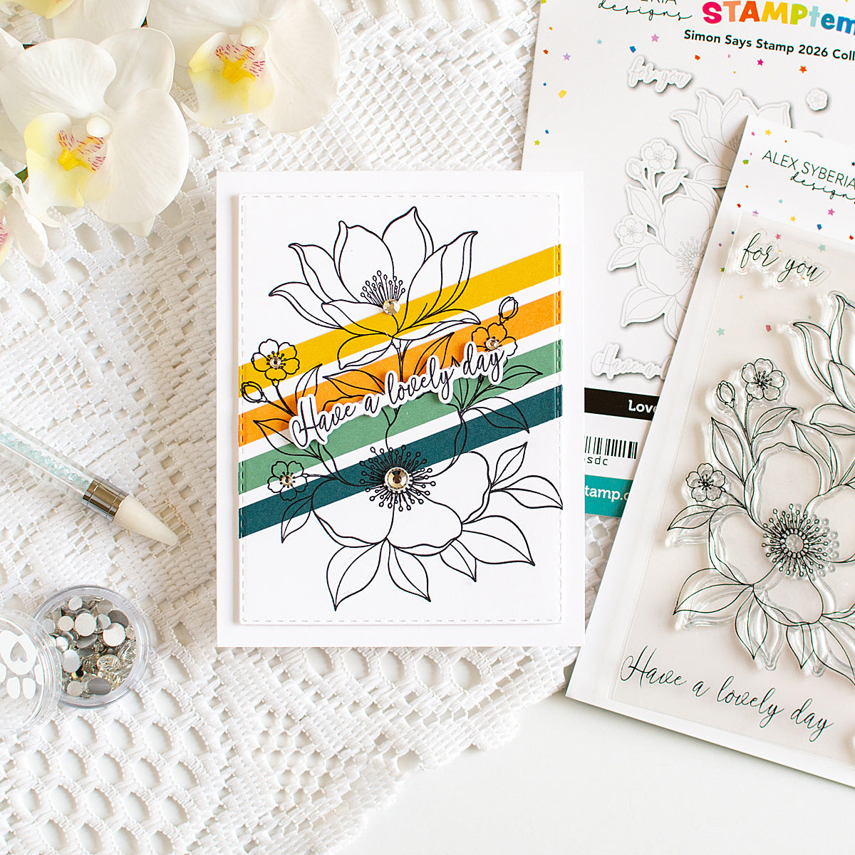 Alex Syberia Lovely Day STAMPtember Exclusive Stamps and Dies Floral Card stripes | color-code:ALT03