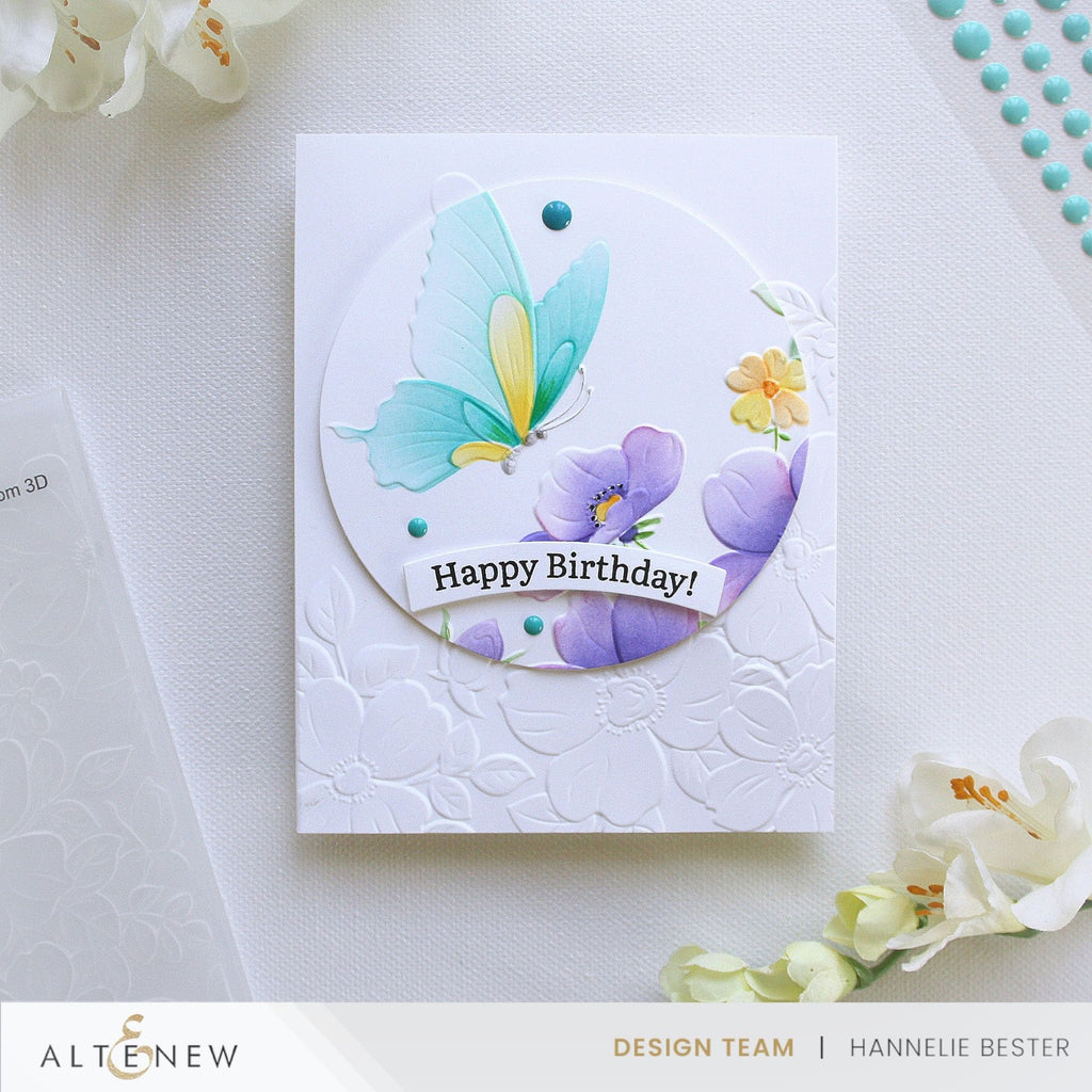 Altenew Flutter and Bloom Clear Stamp, Die, 3D Embossing Folder and Stencil Set happy birthday