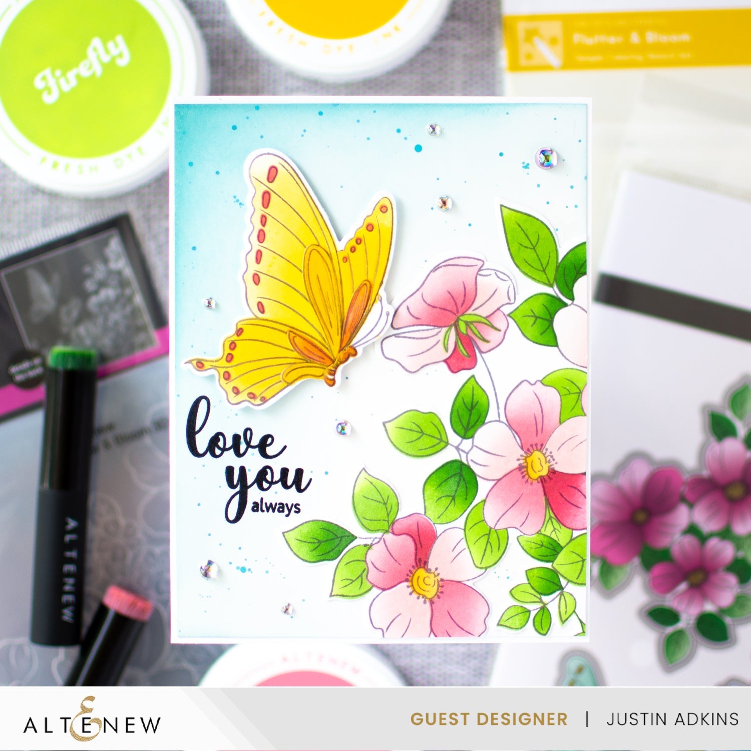 Altenew Flutter and Bloom Clear Stamp, Die, 3D Embossing Folder and Stencil Set love you