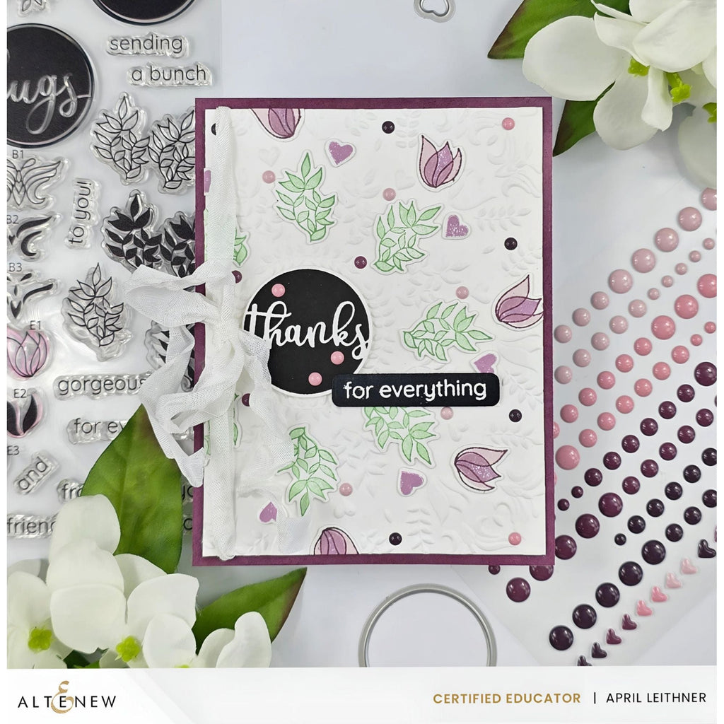 Altenew Whimsical Wreath Builder Clear Stamp, Die, and 3d Embossing Folder Set thanks