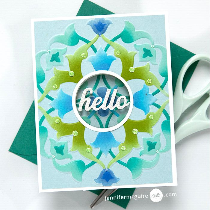 Altenew Arabesque Medallion Stamp Die Folder and Stencil Set greens and blues