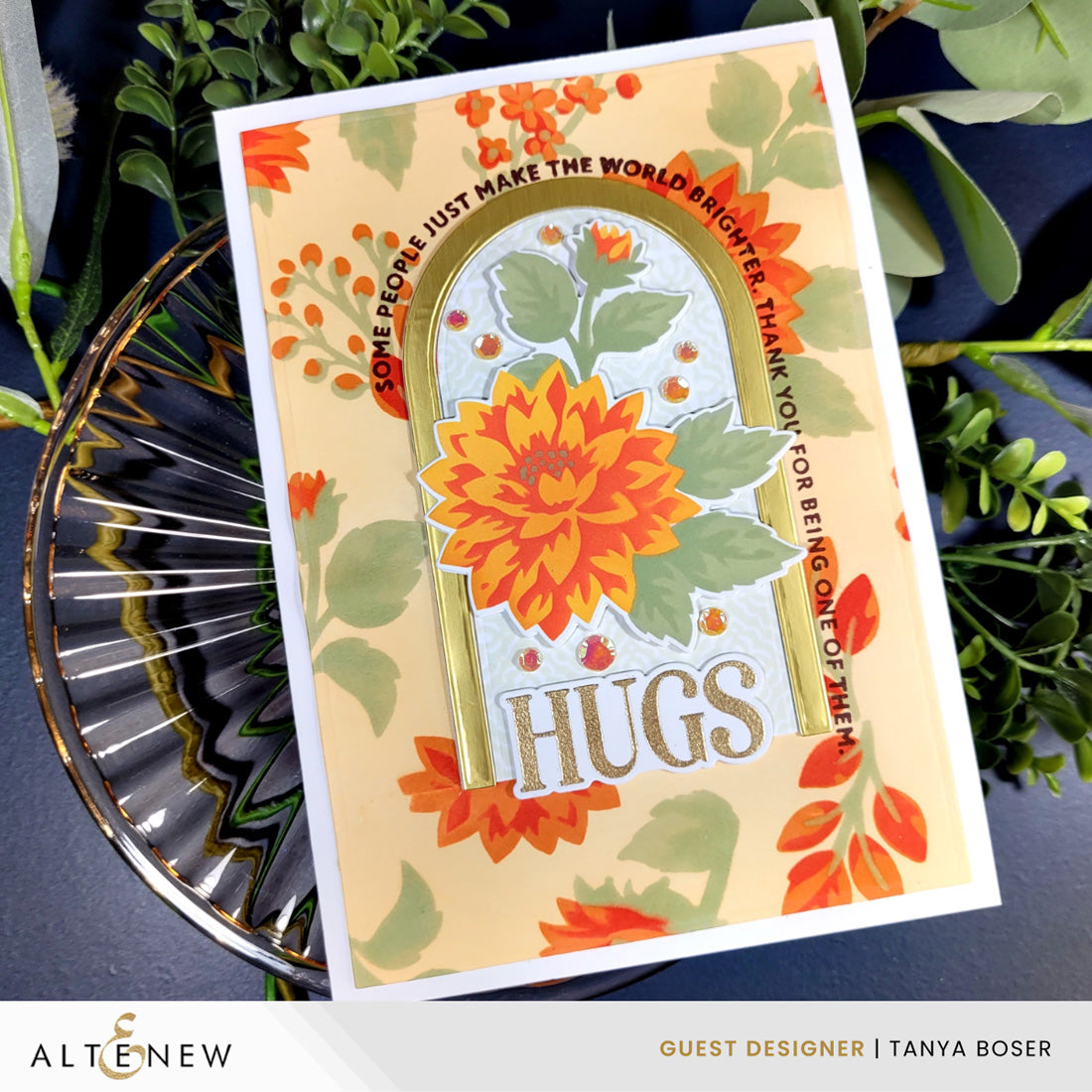 Altenew Arched Sentiments Clear Stamps alt11627 orange flowers hugs card