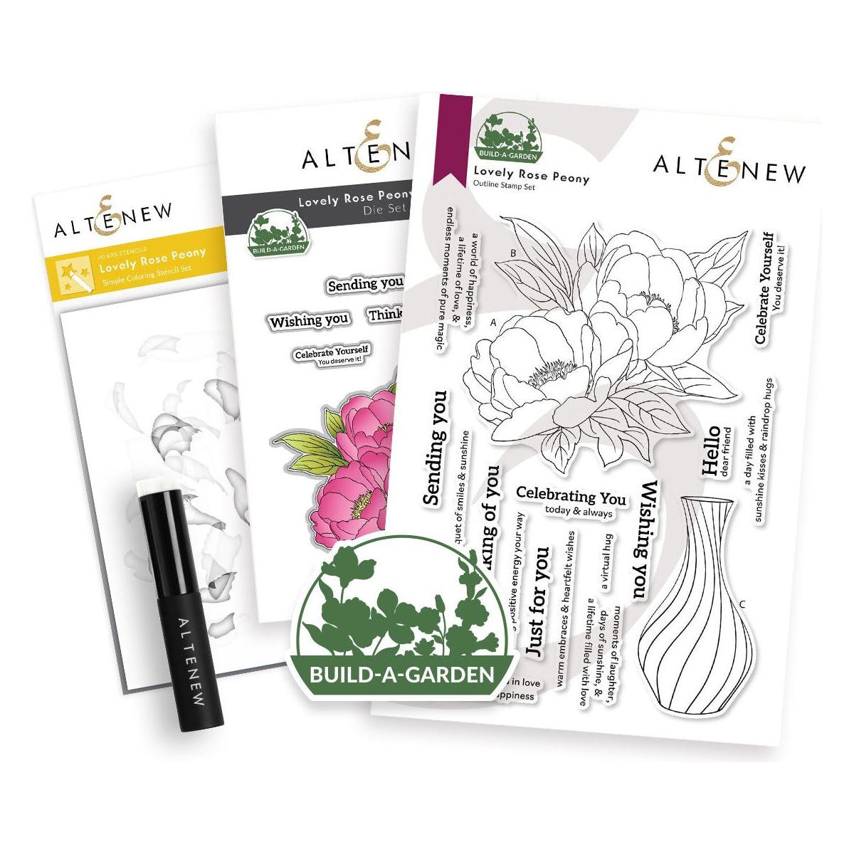 Altenew Build-A-Garden Lovely Rose Peony Clear Stamp Stencil Brush and Add-on Die Set