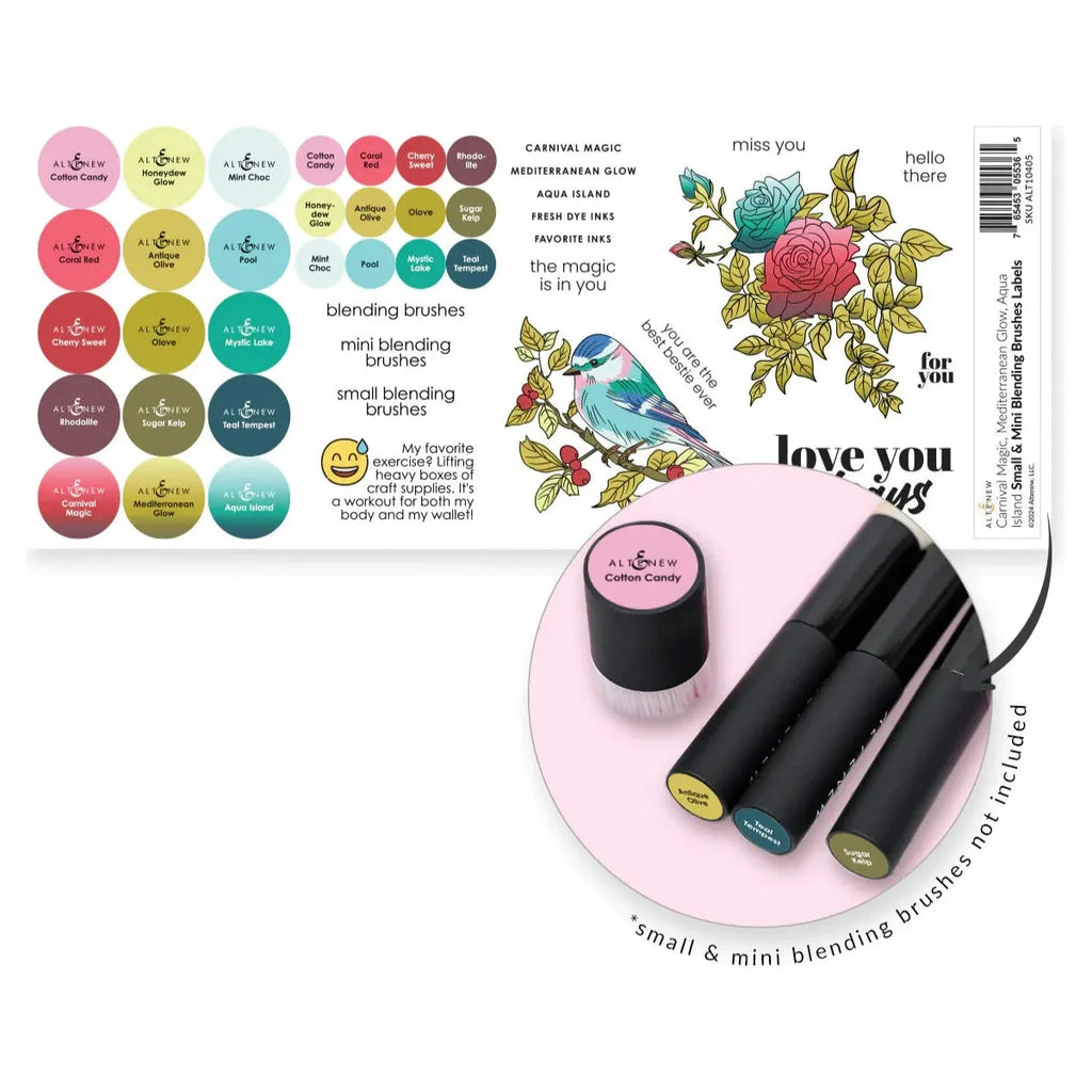 Altenew Carnival Magic, Mediterranean Glow, Aqua Island Small and Mini Blending Brushes Label Sets alt10405 product image