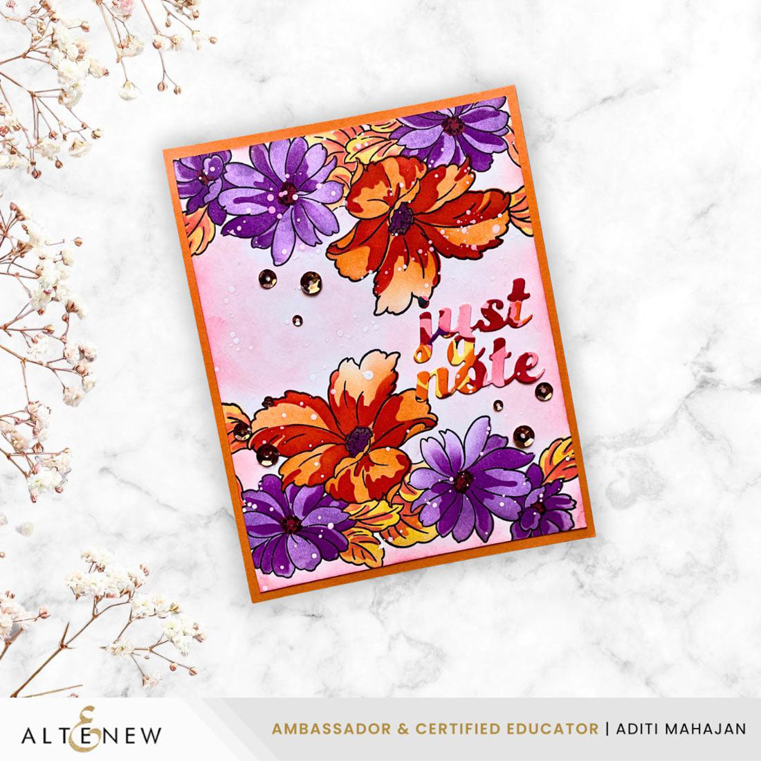 Altenew Cascading Flowers Clear Stamps alt10132 purple and orange