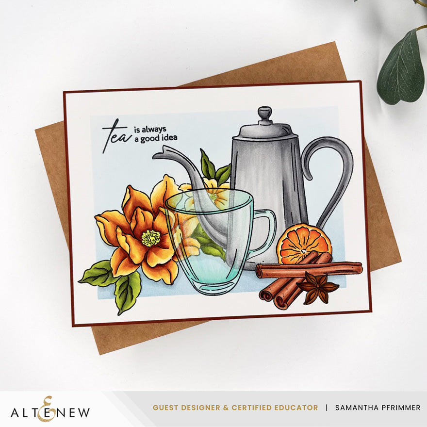Altenew Cozy Mornings Clear Stamps alt11005 tea is a good idea card