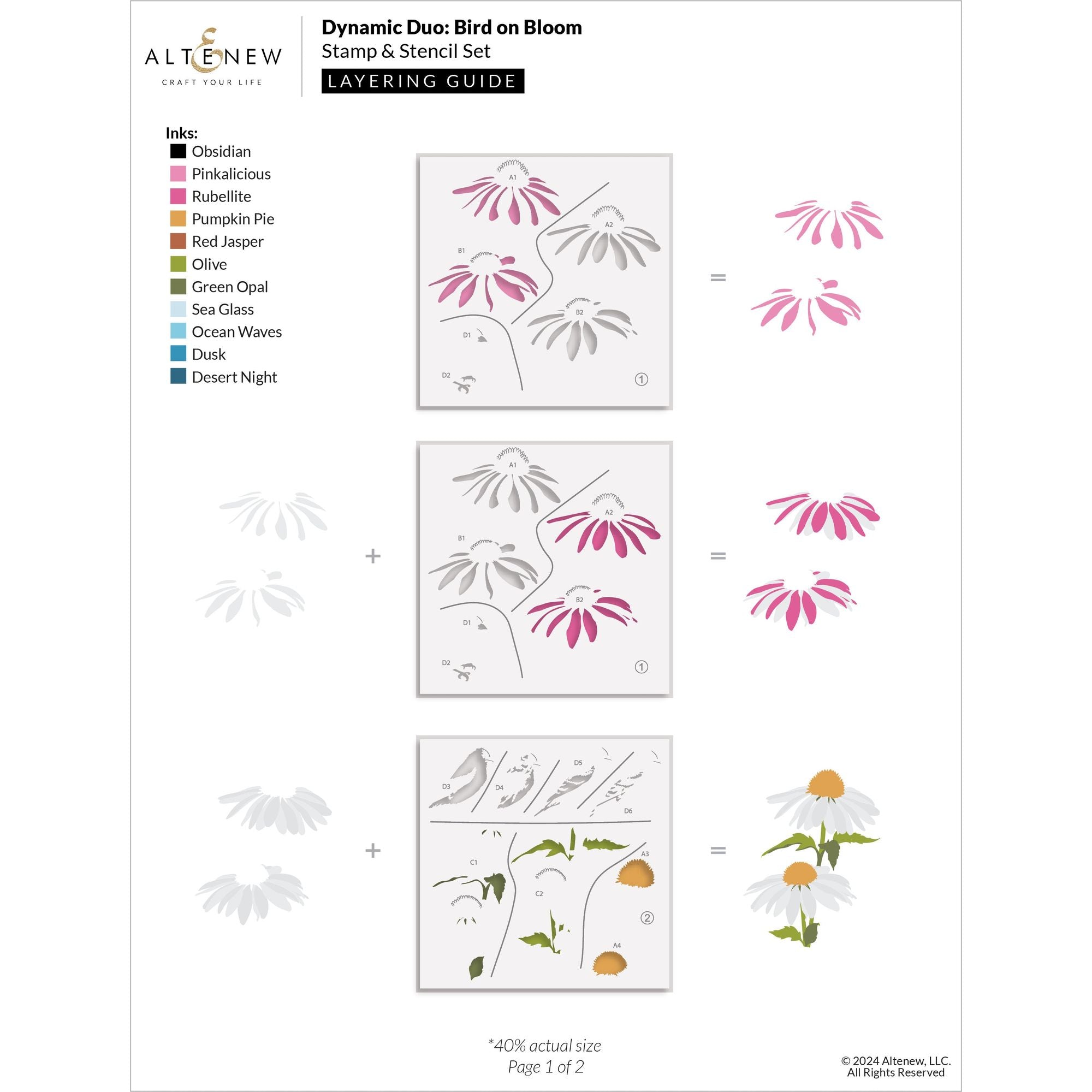 Altenew Dynamic Duo Bird on Bloom Clear Stamp and Stencil Set alt10391bn layering guide 1