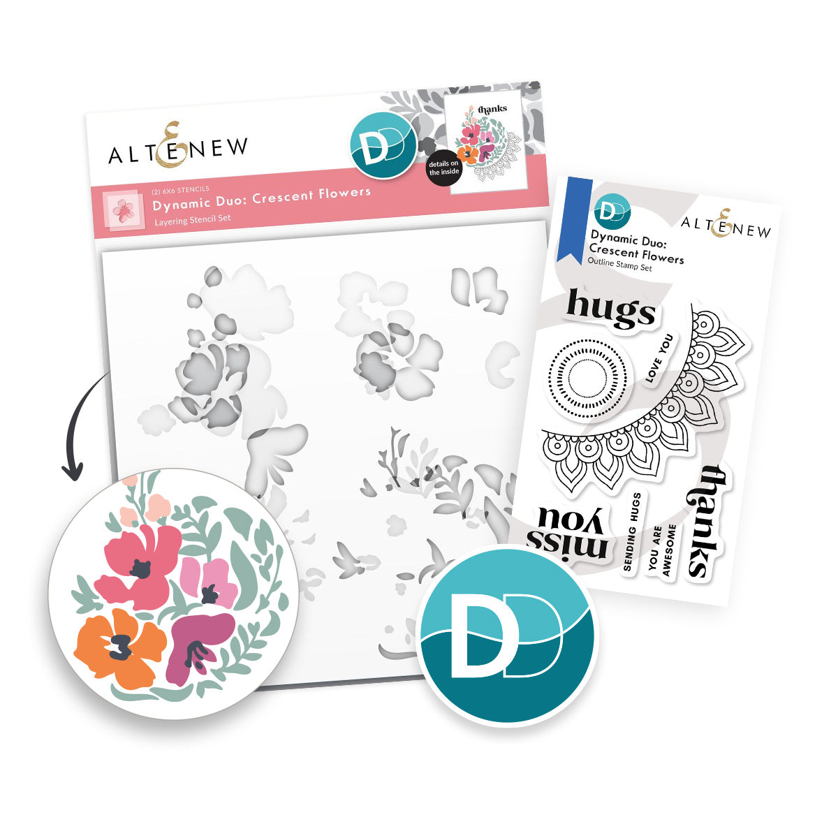 Altenew Dynamic Duo Crescent Flowers Clear Stamp and Stencil Set alt10616bn1