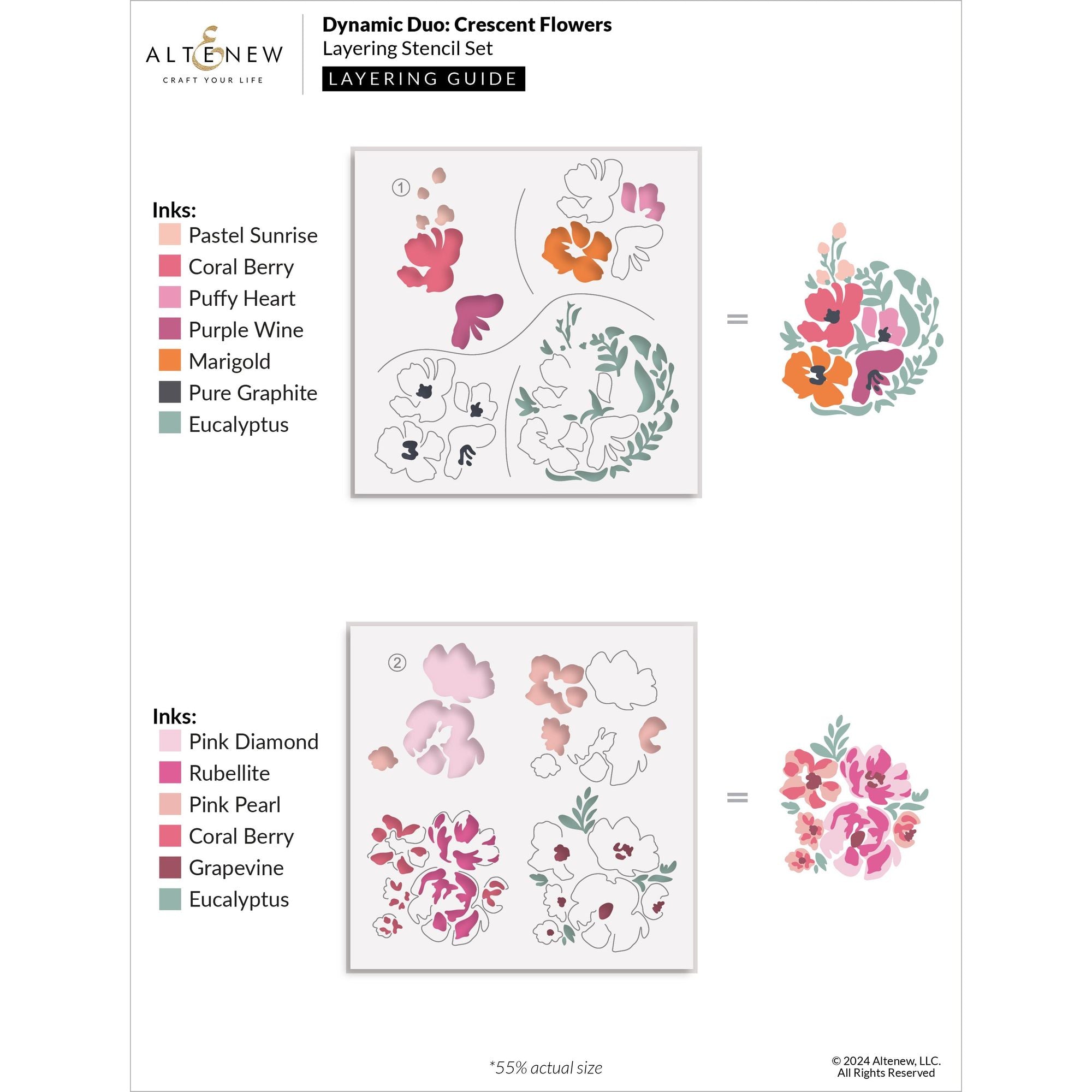 Altenew Dynamic Duo Crescent Flowers Clear Stamp and Stencil Set alt10616bn1 layering guide