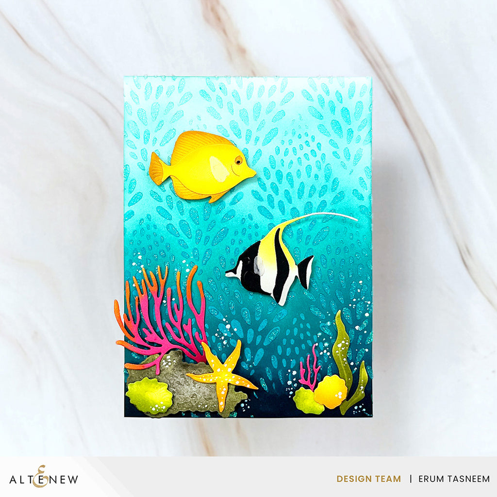 Altenew Flourishing Coral Stencil alt11435 under water scene