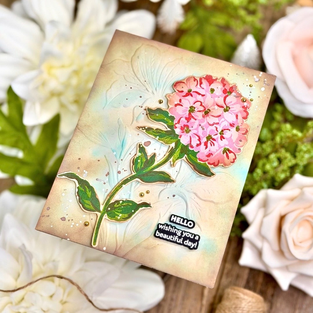 Altenew Graceful Blooms STAMPtember Exclusive Stamps and Dies Hydrangea Hello Card Vintage