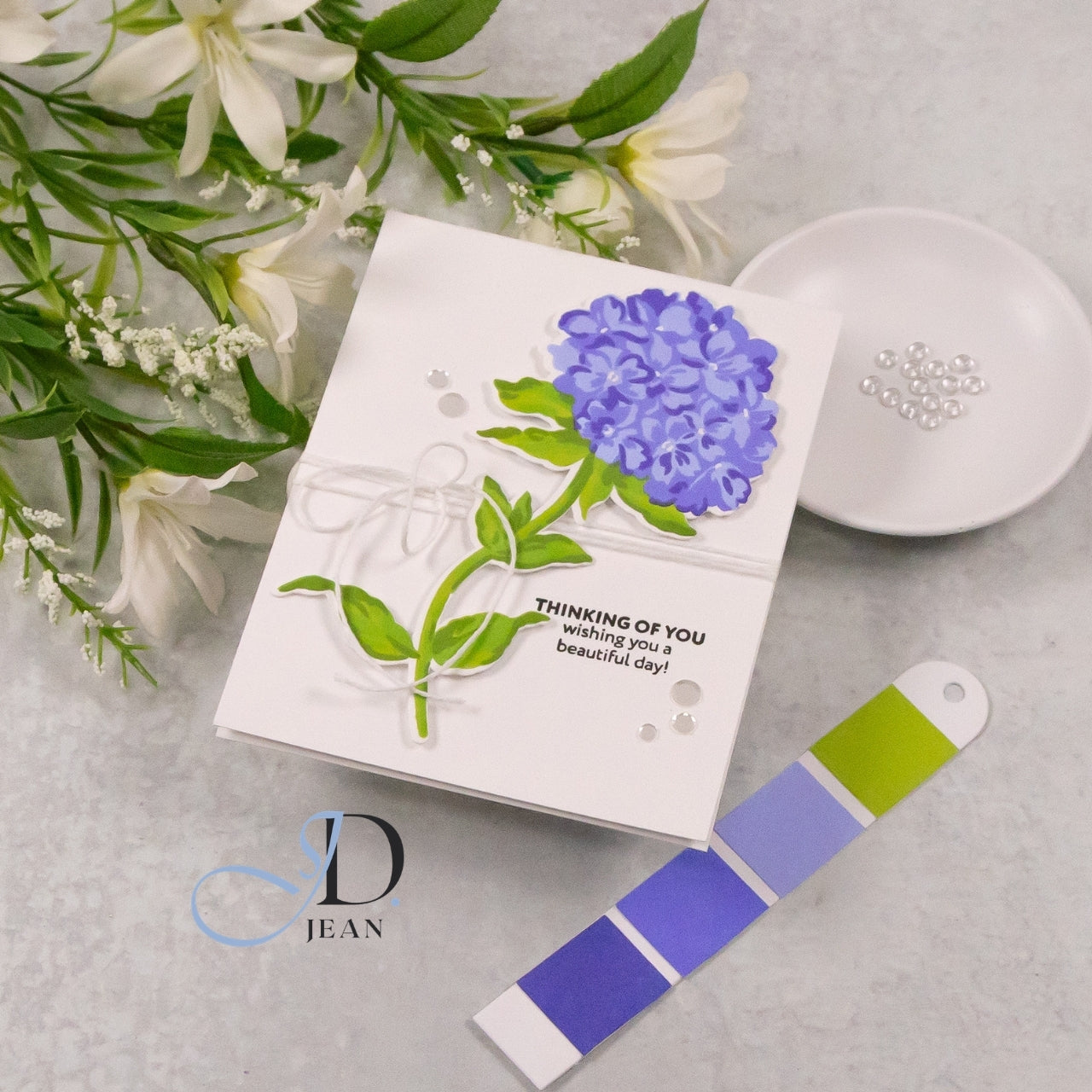 Altenew Graceful Blooms STAMPtember Exclusive Stamps and Dies Hydrangea Thinking of You Card Purple and green 