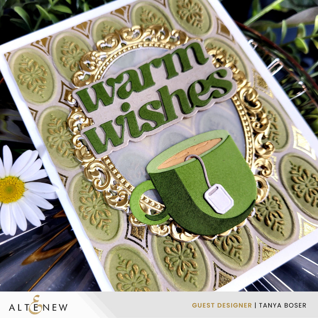 Altenew Heirloom Filigree Oval 3D Embossing Folder alt11526 green warm wishes card