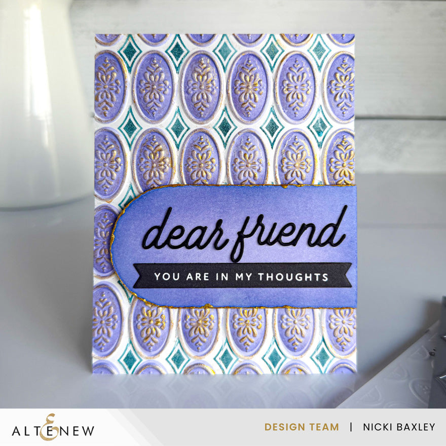 Altenew Heirloom Filigree Press Plate Stencil and Embossing Folder Set dear friend card