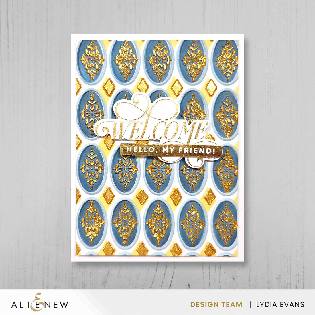 Altenew Heirloom Filigree Press Plate Stencil and Embossing Folder Set welcome my friend card