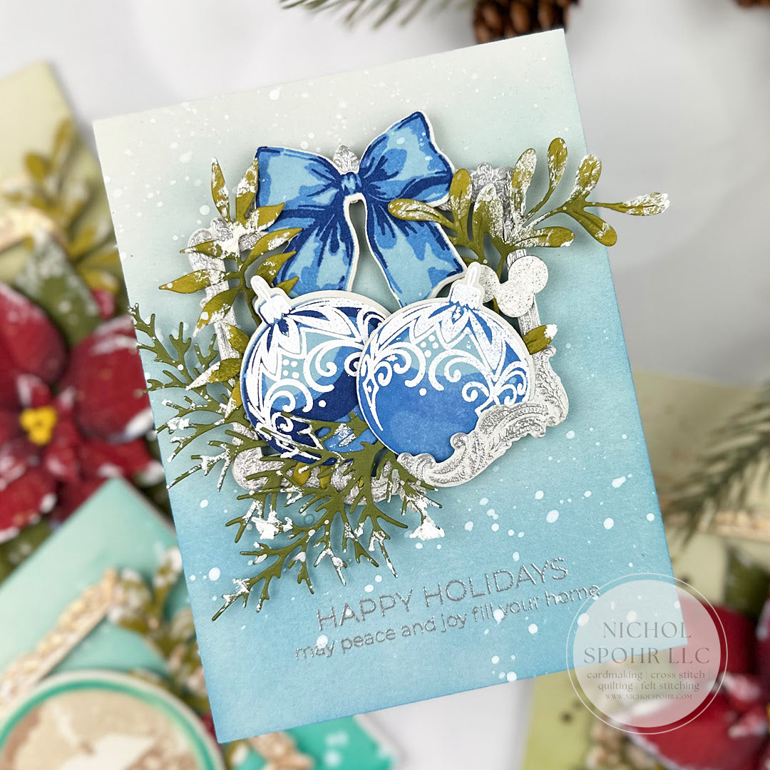 Altenew Holiday Adornments Clear Stamp and Die Set blue ornaments card nichol spohr | color-code:ALT01