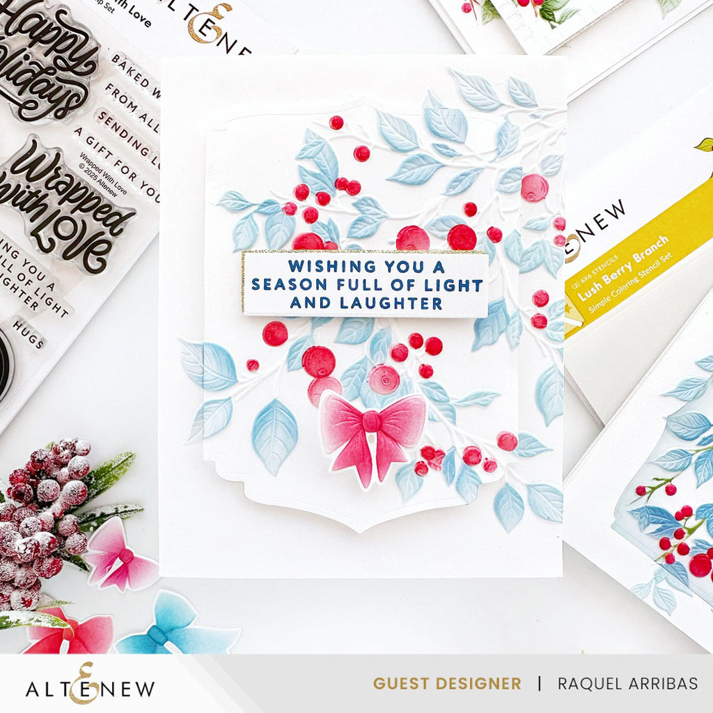Altenew Lush Berry Branch Simple Coloring Stencils alt10921 red bow