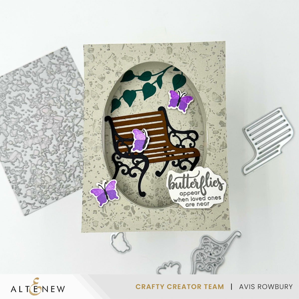 Altenew Mini Delight Garden Bench Clear Stamp and Die Set alt10656bn butterflies