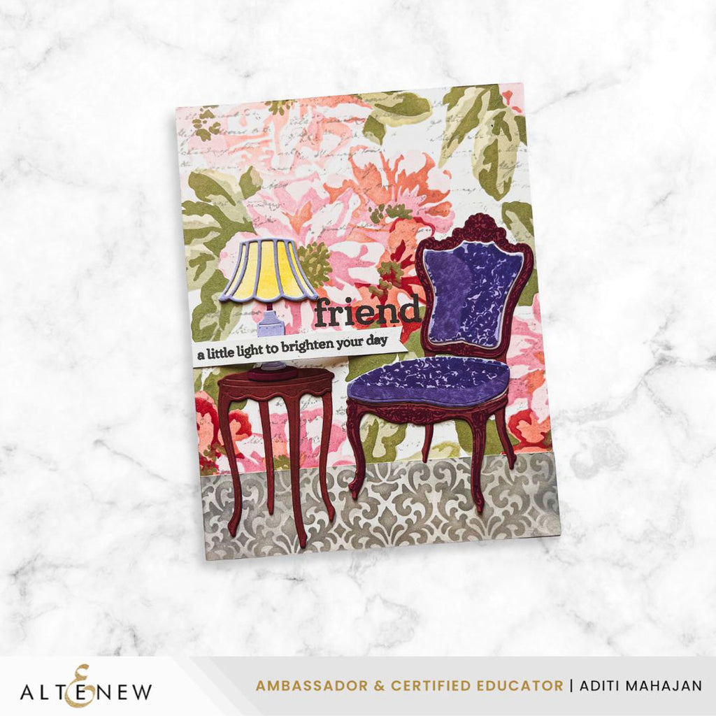 Altenew Mini Delight Timeless Glow Clear Stamp and Die Set alt11330bn purple chair