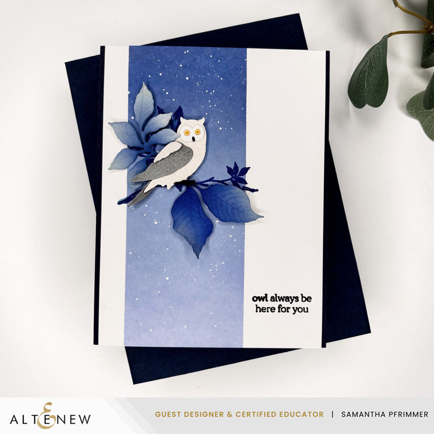 Altenew Mini Delight Woodland Wisdom Clear Stamp and Layering Die Set alt11561bn blue background card