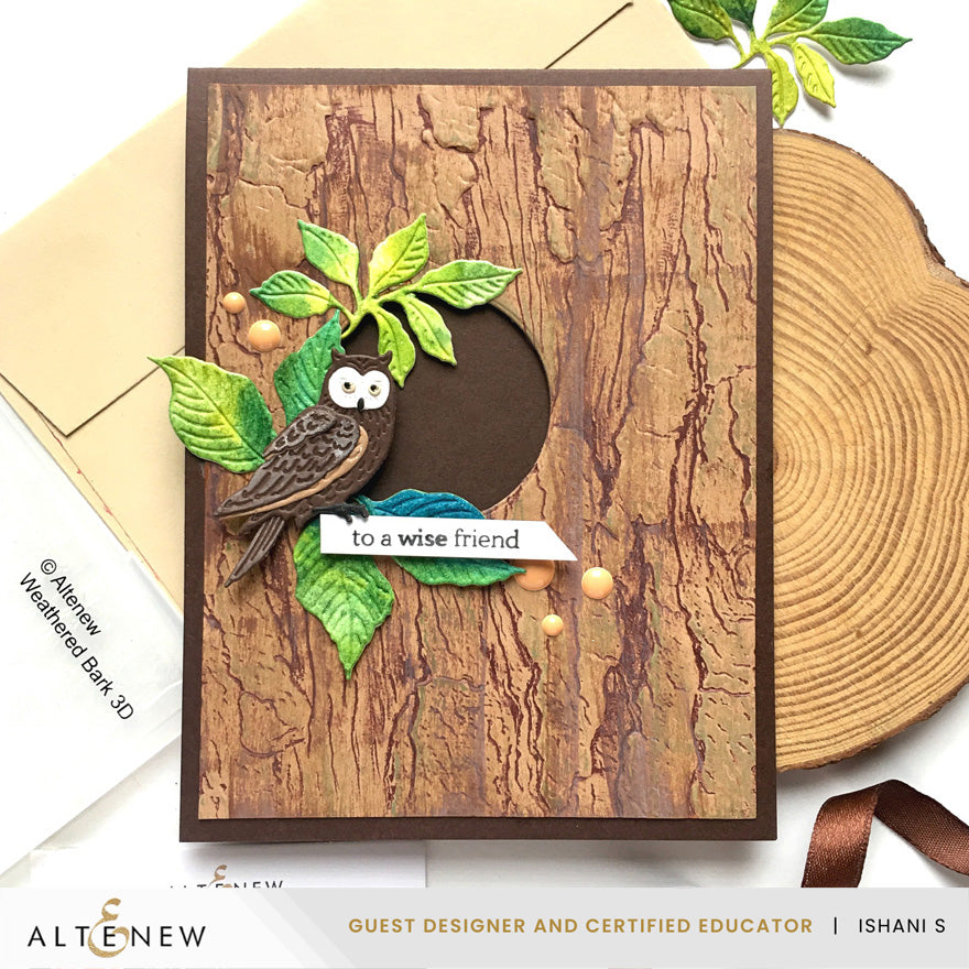 Altenew Mini Delight Woodland Wisdom Clear Stamp and Layering Die Set alt11561bn wood to a wise friend card