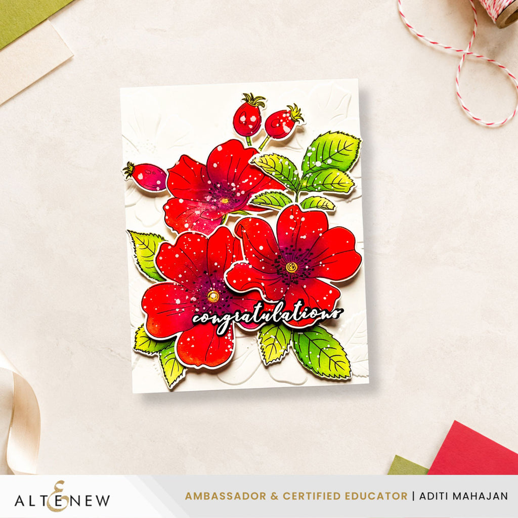 Altenew One-Go Briar Blossoms Clear Stamp, Die, Embossing Folder and Stencil Set congratulations flower card