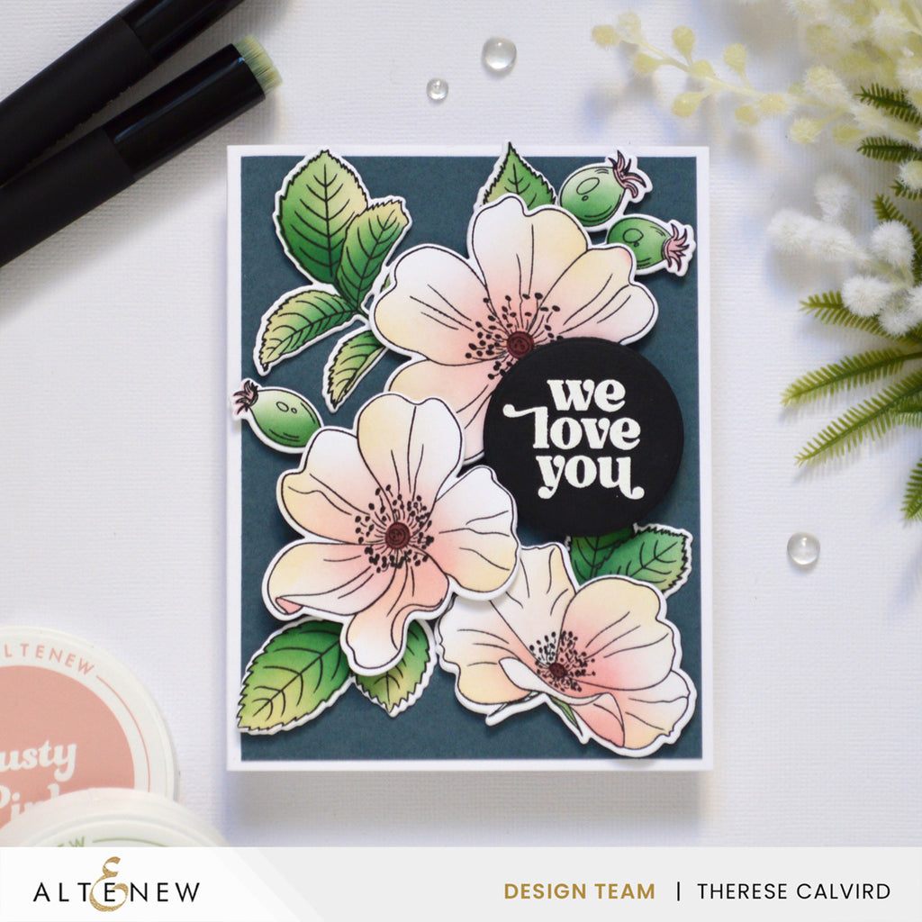 Altenew One-Go Briar Blossoms Clear Stamp, Die, Embossing Folder and Stencil Set we love you card