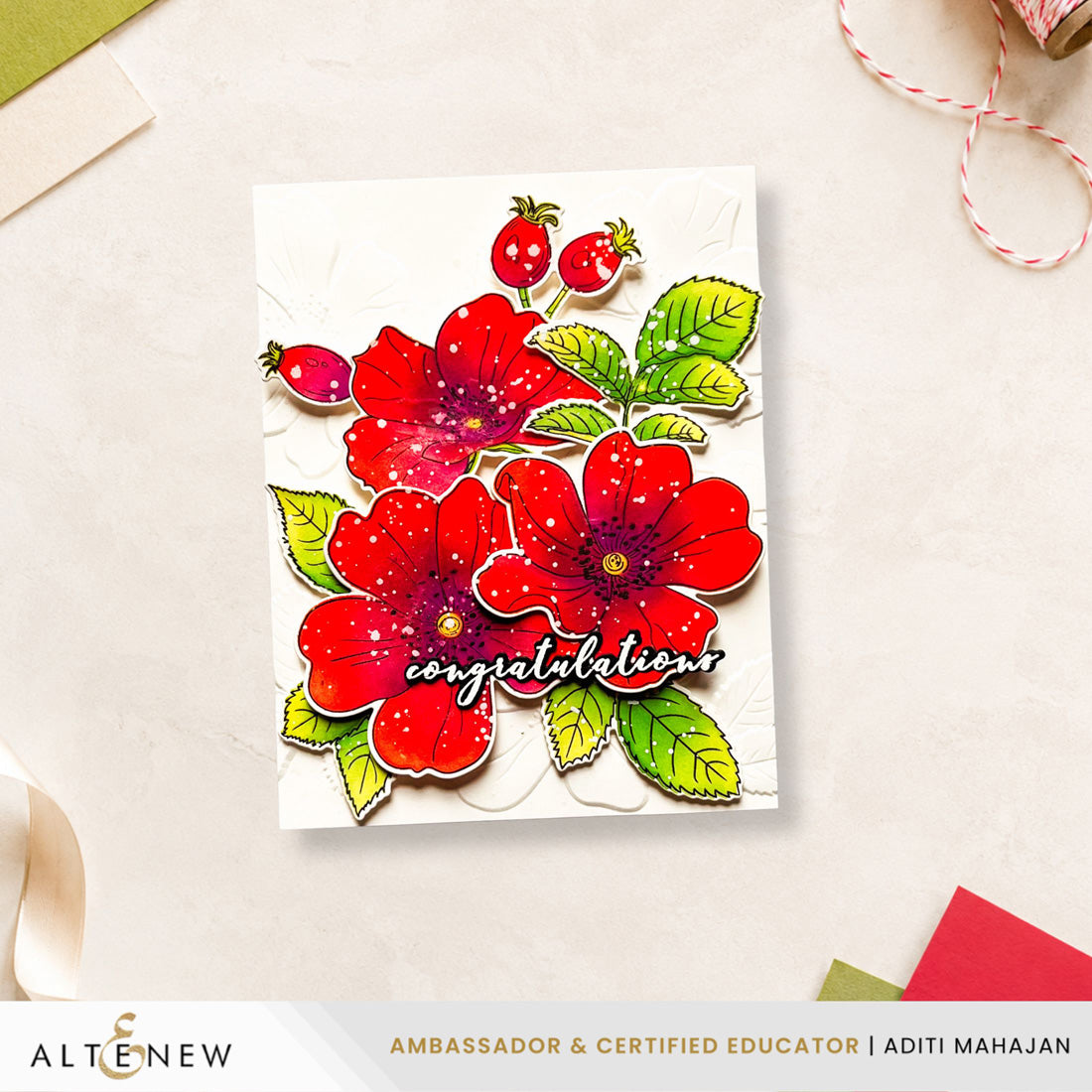 Altenew One-Go Briar Blossoms Clear Stamps alt10601 red flowers card