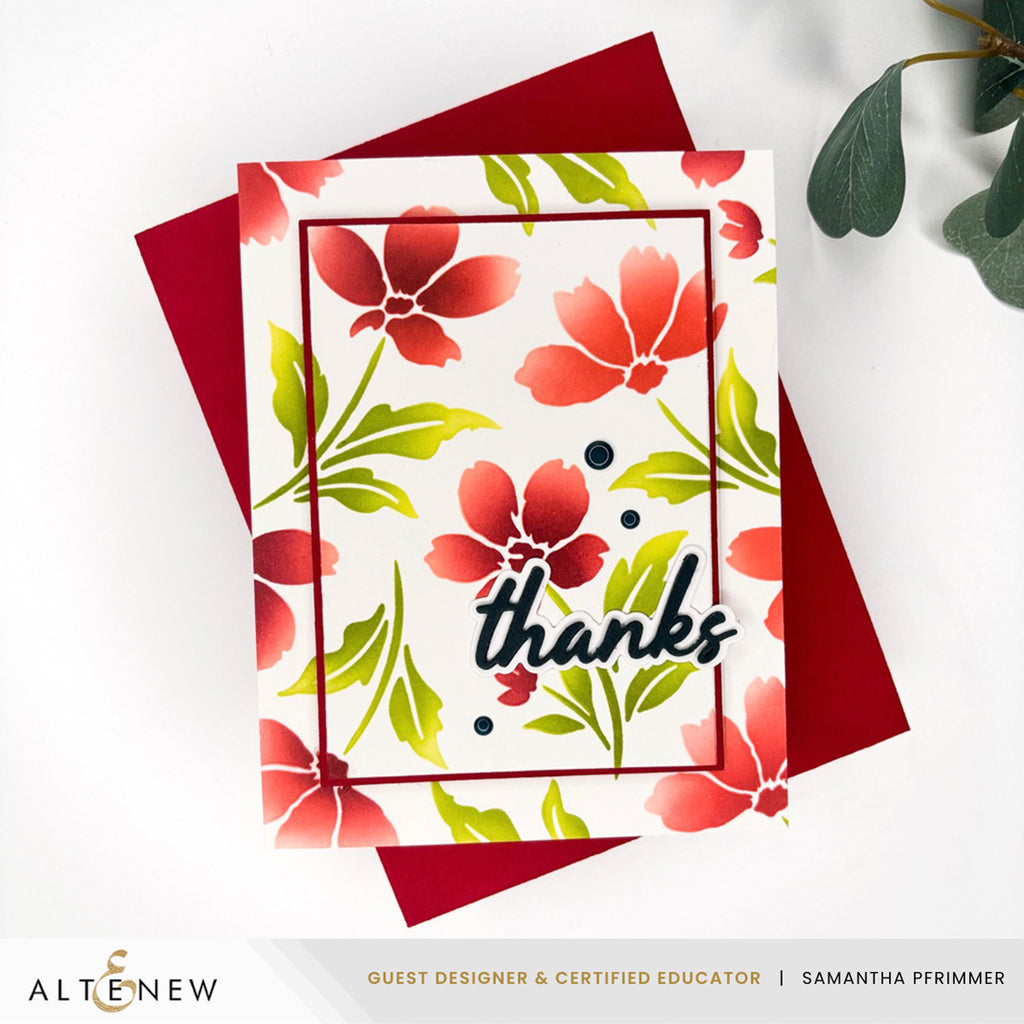 Altenew Painted Petals Stencils alt11553 red flowers thanks card