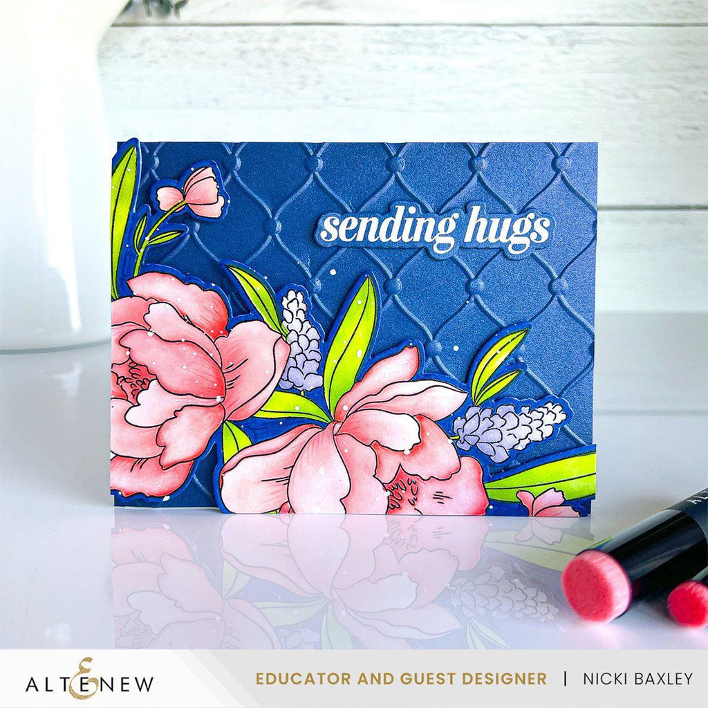 Altenew Peony and Lilac Swag Clear Stamp, Die, and Stencil Set blue background