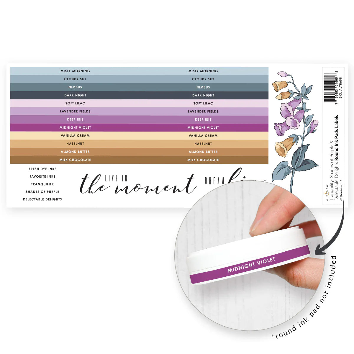 Altenew Round Ink Pads Label Set Tranquility, Shades of Purple, Delectable Delights alt8698 product image 1